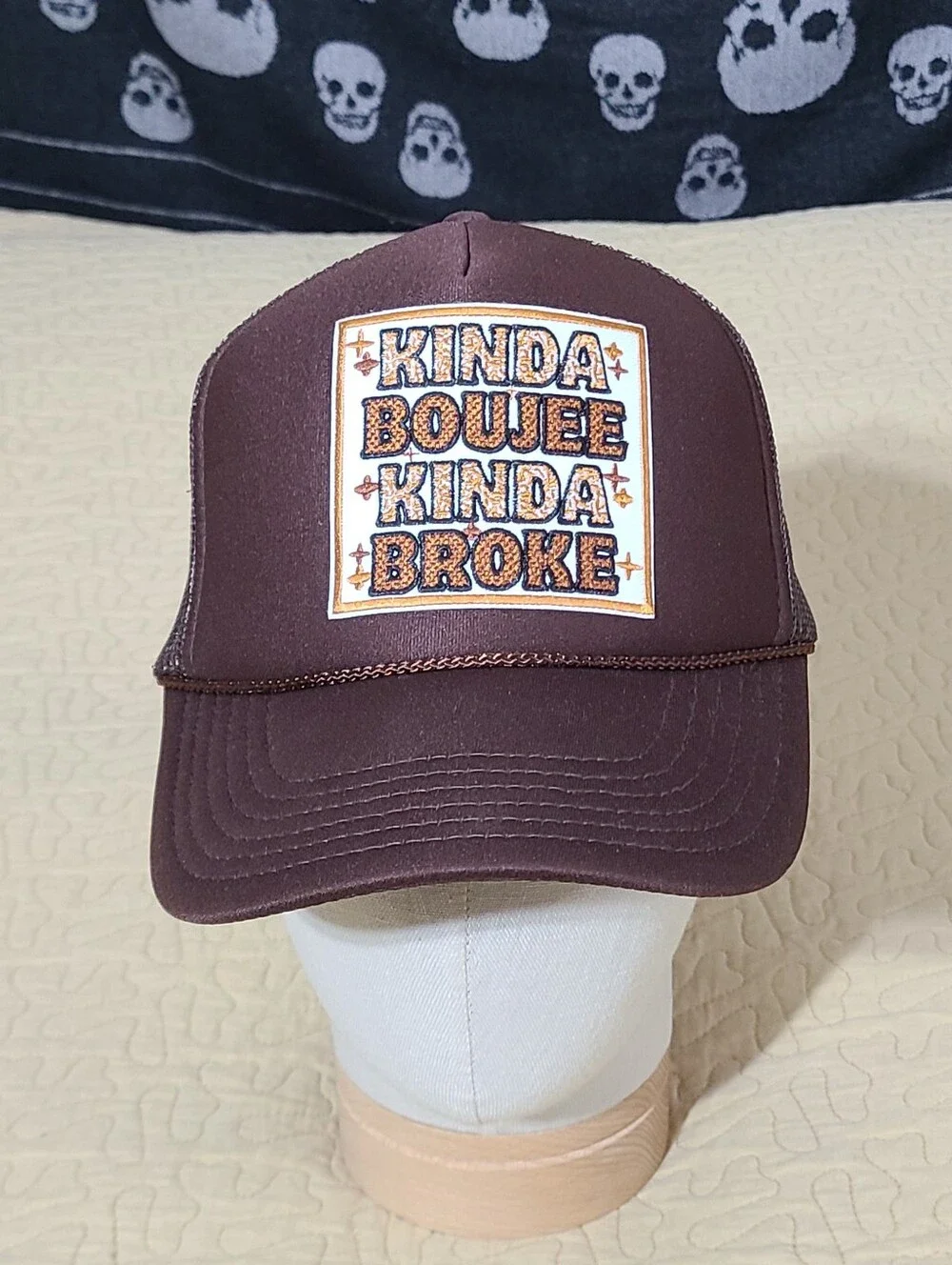 Kinda Boujee Kinda Broke logo patch trucker snapback hat
